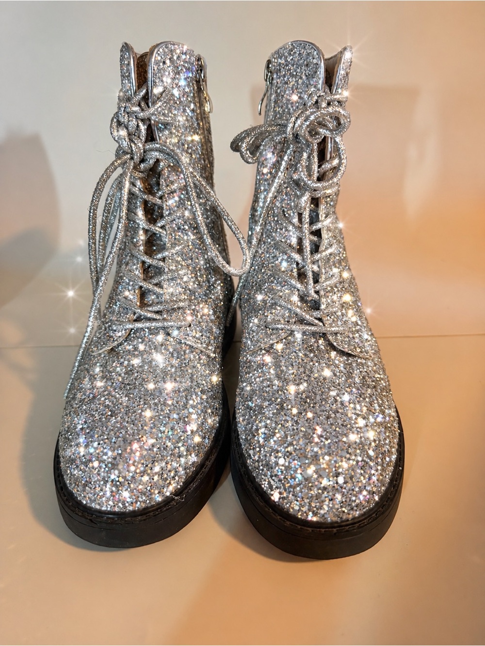 Silver Glitter Combat Boots Women’s Fit Like Sz 8.Festival Concert Lace-Up Ankle